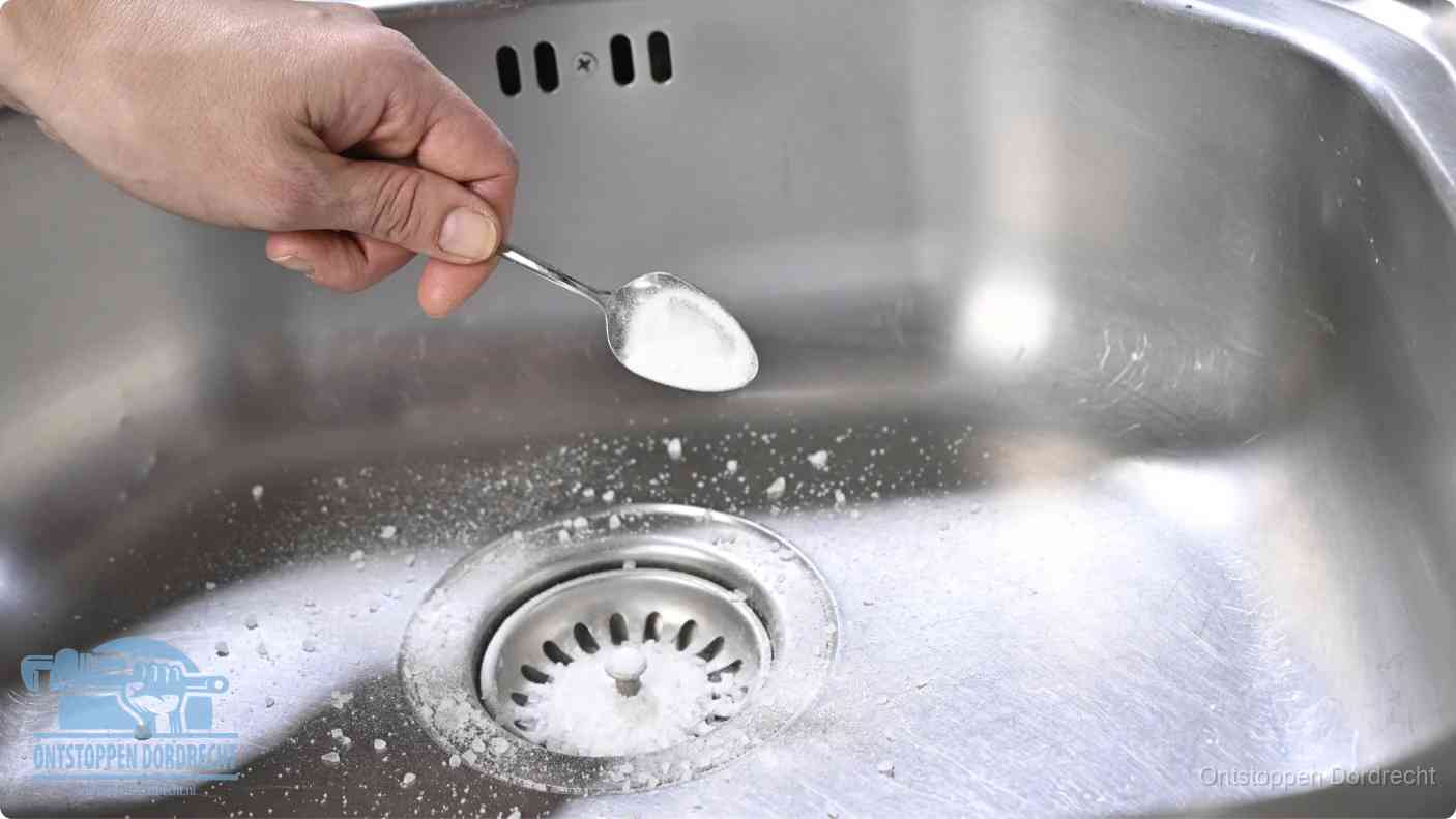 Een hand strooit met een lepel soda in een afvoerputje, de soda en azijn huismiddel-methode om de wc te ontstoppen in Dordrecht