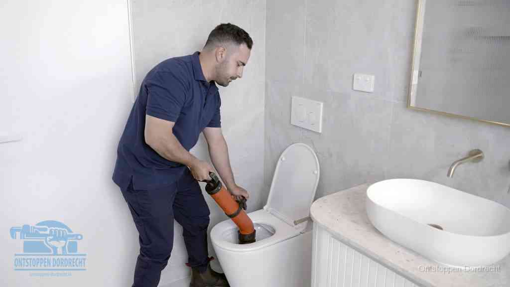 Een man gebruikt een handmatige luchtdruk-ontstopper in een modern betegeld toilet om zelf de wc te ontstoppen in Dordrecht